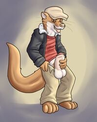 anthro balls barefoot blacksad blueballs_(artist) clothed clothing erection front_view male male_only mammal mustelid naughty_face open_pants penis pubes retracted_foreskin solo standing thick_penis tongue tongue_out uncut weasel weekly whiskers