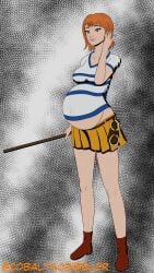 belly belly_button_visible_through_clothing big_belly brown_eyes cobaltscribbler female female_only holding_object holding_staff holding_weapon ill_fitting_clothing legs light-skinned_female light_skin miniskirt nami nami_(classic) nami_(one_piece) one_piece outie_navel pre-timeskip pregnant pregnant_belly pregnant_female red_hair short_hair smile smiling staff striped_clothing tight_clothing