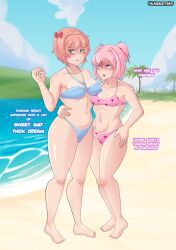 2girls aguacate_paltastico beach beach_background bikini bikini_bottom bikini_top blue_swimsuit blush ddlc doki_doki_literature_club el_aguacatito elaguacatitoart english_text female female_only human multiple_girls natsuki_(doki_doki_literature_club) orange_hair pink_hair pink_swimsuit sayori_(doki_doki_literature_club) summer swimsuit text