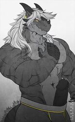 anthro cum dragon fur icysage male male_only muscular muscular_male nipples pecs penis reptile scalie smile solo soren_ashe teeth vein