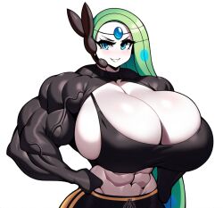 1girls ai_generated blue_eyes bra breasts extreme_muscles female_only green_hair gym_uniform huge_breasts hyper hyper_breasts hyper_muscles long_hair meloetta muscle muscular muscular_arms muscular_female novelai pecs pokemon pokemon_(species) smirk smug