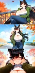 ai_generated artstyle_imitation atago_(azur_lane) azur_lane blush blushing_at_viewer cleavage cleavage_cutout full_color henrik_n huge_breasts light-skinned_female light-skinned_male looking_at_viewer massive_breasts novelai pale_skin pov sweater thiccwithaq_(ai_style) thick_thighs wholesome wide_hips