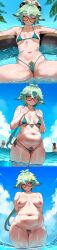 ai_generated animal_ears bikini blush chubby chubby_female genshin_impact glasses green_hair hanging_breasts micro_bikini nude ocean panels people_in_background pubic_hair pubic_hair_peek public scared sea shy small_breasts steamy_ai sucrose_(genshin_impact) uncomfortable vacation weight_gain