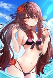 1girls 2d 2d_(artwork) alternate_costume belly_button bikini black_nails bra brown_hair clouds day female female_focus female_only flower_shaped_pupils front_view genshin_impact hourglass_figure hoyoverse hu_tao_(genshin_impact) light-skinned_female light_skin long_hair looking_at_viewer low_res lowres mihoyo mitsu336 multi-strapped_bikini ocean outdoors pigtails red_eyes sky small_breasts smiling smiling_at_viewer solo_female solo_focus standing standing_in_water summer swimsuit thong thong_bikini two_piece_swimsuit water young younger_female