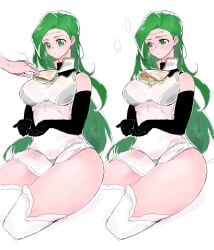 ... 1girls annand_(fire_emblem) bare_thighs black_panties bra breasts cupping_hands elbow_gloves expressionless female female_focus fire_emblem fire_emblem:_genealogy_of_the_holy_war food gloves green_eyes green_hair large_breasts long_hair looking_up nintendo offering on_breasts panties sandwiched see-through sitting ta_dasu_(tadasu_hayashi) thick_thighs thighhighs thighs underwear very_long_hair white_background