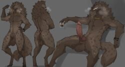 2024 absurd_res animal_genitalia animal_penis anthro ass athletic athletic_anthro athletic_male balls big_balls big_penis biped bracelet brown_balls brown_body brown_fur brown_sheath canine_genitalia canine_penis claws digital_media_(artwork) digitigrade erection fangs finger_claws full-length_portrait fully_sheathed fur genitals gold_(metal) gold_tooth hi_res hyena jewelry jewelry_only knot lvlirror male male_focus male_only mammal neck_tuft necklace nude_anthro nude_male paws penis portrait sheath solo standing tan_body tan_fur teeth tuft