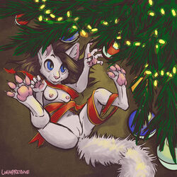 2016 big_eyes blue_eyes breasts brown_hair christmas christmas_tree feline feline female fur hair hindpaw holidays lying mammal nude on_back paws pussy solo spread_legs spreading tree unimpressive white_fur