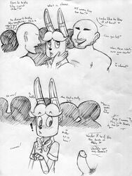 2015 animatronic anthro black_and_white blush bow_tie buckteeth dialogue disembodied_penis drooling english_text erection faceless_male five_nights_at_freddy's five_nights_at_freddy's_2 furry group human inkyfrog lagomorph machine male mammal monochrome penis rabbit robot saliva simple_background solo_focus teeth text toy_bonnie_(fnaf) traditional_media_(artwork) white_background yaoi