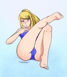 1futa blonde_hair blue_eyes blush blushing bulge feet futa_only futanari hands_on_breasts hands_on_own_chest intersex legs_crossed leotard majinroses metroid mole_under_mouth nintendo presenting samus_aran solo