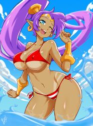 1girls bayeuxman beach bikini dark-skinned_female female female_only genie genie_girl nipple_bulge shantae shantae_(character) skimpy_bikini solo swimsuit tanline two_piece_swimsuit