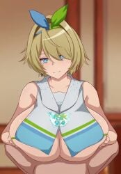 1boy 1girls bib big_breasts blonde_hair blue_eyes boobjob breasts breasts_squeezed_together censored closed_mouth clothed_female_nude_male clothing female girls'_frontline girls'_frontline_2:_exilium hairband land_wharf large_breasts looking_at_viewer male mole mole_under_eye mosaic_censoring nikketa_(girls'_frontline_2) paizuri penis short_hair smile sound tagme video vsk-94_(girls'_frontline)