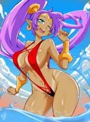 1girls bayeuxman beach dark-skinned_female female female_only genie genie_girl nipple_bulge shantae shantae_(character) skimpy_swimsuit sling_bikini solo string_bikini swimsuit tanline v_string_bikini