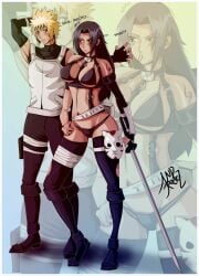 1boy 1girls alternate_costume anbu arm_tattoo belt black_eyes black_hair blonde_hair blue_eyes boots bottomless bra cleavage dialogue full_body fundoshi gloves holding_object holding_weapon indrockz katana kimono konohagakure_symbol kunoichi mask mature mature_female midriff milf namikaze_minato naruto naruto_(classic) naruto_(series) naruto_shippuden ninja panties pants partially_clothed revealing_clothes shirt short_kimono straps sword talking talking_to_another tattoo text uchiha_mikoto very_long_hair vest weapon zoom_layer