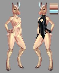 adeloo anthro armpits bodysuit breasts clothing collar equine female horn mammal model_sheet nude pussy small_breasts smile solo standing tight_clothing unicorn