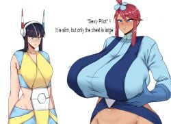 2024_pokemon_teraleak 2girls alternate_breast_size bangs black_hair blush breast_awe breast_envy breast_hold breasts buckle clothed clothed_female curvaceous curvaceous_figure curves curvy curvy_body curvy_female curvy_figure curvy_hips elesa_(pokemon) elesa_(pokemon_bw2) enormous_breasts female female_only game_freak gloves gym_leader hair hair_tie headgear headphones headset headwear holding_breast huge_breasts human looking_at_another nintendo no_sex omikami pale-skinned_female pale_skin pokemon pokemon_bw pokemon_bw2 red_hair red_hair_female shirt short_hair skyla_(pokemon) small_breasts straps tan_skin tan_skinned_female voluptuous voluptuous_female white_background writing yuri