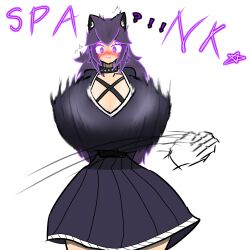 bizzarekatze blush breast_slap cat_ears clothing collar huge_breasts katze_(bizzarekatze) long_hair long_skirt purple_eyes purple_hair spanked surprised