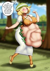 belly_bulge bianca_(pokemon) big_belly big_breasts blonde_hair blush body_outline detailed_bulge female_pred female_prey human_pred justvoringaround oral_vore pokegirl pokemon running same_size same_size_vore short_hair vore willing_prey