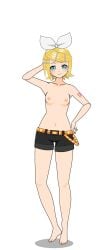 barefoot blonde_hair breasts feet female kagamine_rin kisekae looking_at_viewer navel nipples shirtless shorts small_breasts smile solo spnati toes topless transparent_background vocaloid