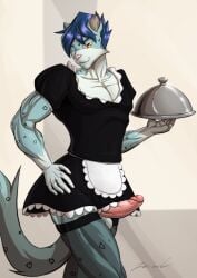 2023 absurd_res anthro balls biceps blue_hair cel_shading clothing digital_drawing_(artwork) digital_media_(artwork) erection felid genitals hair hand_on_hip hi_res holding_object humanoid_genitalia humanoid_penis legwear looking_at_viewer maid_uniform male mammal muscular muscular_male one_eye_closed orange_eyes pantherine penis pink_penis riku_(za-owl) shaded short_hair simple_background snow_leopard solo stockings uniform vein veiny_penis wink winking_at_viewer za-owl