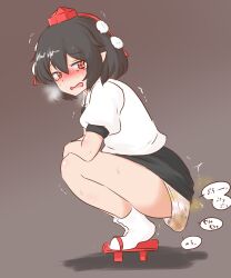 black_hair black_skirt blush panties panty_poop pointy_ears red_footwear scat shameimaru_aya soiling soiling_underwear squatting tokin_hat touhou touhou_project water_noodle white_shirt white_socks