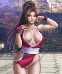 1girls 5:6 abs armpits braless breasts brown_eyes brown_hair cleavage deviantart eye_contact fatal_fury female female_only flowerxl hair_ornament huge_breasts japanese king_of_fighters long_hair looking_at_viewer mai_shiranui no_bra no_bra_under_clothes no_panties outdoors pale-skinned_female pale_skin ponytail pose pussy red_clothes red_suit revealing_clothes seductive_look seductive_smile skinny_waist snk solo standing thick_thighs thigh_gap thong url video_game_character watermark wide_hips