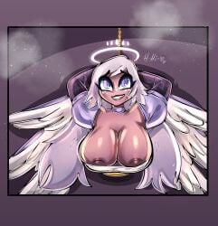 1girls 2d angel angel_wings big_breasts bitterbunz breasts emily_(hazbin_hotel) fanart female femsub front_view grey_body grey_skin halo hazbin_hotel long_hair nipples nipples_peek no_bra purple_eyes purple_skin restrained stuck_in_wall white_hair wings