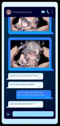 1boy 1girls ai_generated blowjob brat bratty commander_(nikke) cum_in_mouth flirting goddess_of_victory:_nikke penis phone phone_screen photo sexting sucking_penis syuen_(nikke) text