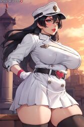 1girls ai_generated arms_behind_back artist_name background bambietta_basterbine bangs bare_thighs belt big_breasts big_hips big_thighs black_hair black_thighhighs bleach bleach:_the_thousand-year_blood_war blush breast_focus breasts clothing collarbone curvaceous curvy_body curvy_female curvy_figure curvy_hips dark_eyes dark_hair edit edited edited_art evening eyelashes female female_only fit_female full_body fully_clothed hair hair_between_eyes heart_belt kladen kladenart light-skinned_female light_skin lips lipstick long_eyelashes long_hair looking_away low-angle_view military_uniform mole moles mommy no_sex outdoors parted_lips peaked_cap pinup pov presenting presenting_breasts puffy_lips red_lips red_lipstick skindentation skirt sky smile solo solo_female solo_focus stable_diffusion standing sunset thick_eyelashes thighs watermark white_gloves white_jacket white_skirt white_uniform zettai_ryouiki