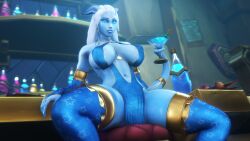 alcohol alcoholic_drink blue_eyes blue_skin breasts clothed_female draenei erect_nipples_under_clothes female female_focus female_only hi_res high_resolution horns indoors large_breasts long_hair looking_at_viewer martini martini_glass noname55 pyrista spread_legs tail tail_jewelry tail_ring thick_thighs thighhighs warcraft white_hair world_of_warcraft