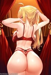 1girls ai_generated ass ass_focus back back_view bare_arms bare_legs bare_shoulders bare_thighs big_ass big_breasts big_butt blonde_hair blush bons_ai bra clothed clothing color fate_(series) female female_focus female_only green_eyes hi_res large_breasts light-skinned_female light_skin lingerie long_hair nero_claudius_(fate) panties red_lingerie solo solo_female tagme thick_thighs underwear