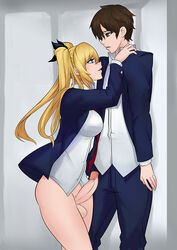 1boy 1futa 2d big_penis blonde_futa blonde_hair blonde_hair_futa blue_eyes brown_eyes brown_hair brown_hair_male censored dickgirl digital_drawing_(artwork) digital_media_(artwork) erection futa_with_male futanari height_difference intersex knightgawain large_penis light-skinned_futanari light-skinned_male light_skin male penis school_uniform standing testicles tied_hair twintails