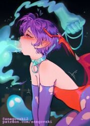 blush darkstalkers fellatio ghost ghost_hands heart-shaped_pupils lilith_aensland pointy_ears purple_hair ripped_clothing short_hair small_breasts snegovski