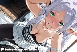 frieren sousou_no_frieren 1girl pointy_ears breasts elf jewelry earrings green_eyes solo pantyhose long_hair blush looking_at_viewer twintails thick_eyebrows black_pantyhose white_hair patreon_username teeth medium_breasts parted_bangs bare_shoulders strap_slip collarbone cleavage floating_earring dutch_angle short_eyebrows small_breasts artist_name on_bed indoors mole_on_breast dress clenched_teeth armpits nose_blush parted_lips sweat grey_hair english_text web_address sitting striped_clothes patreon_logo sleeveless bed white_dress animal_print sharp_teeth meme on_side lying copyright_name black_dress mionety ai_generated