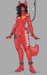 absurd_res anthro black_hair canid canine canis clothing drone dronesuit female genitals hair handle_bar hi_res latex latex_clothing lucia_martina mammal nipple_outline pussy simple_background solo tail veebutspicy