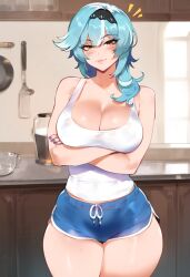 ai_generated artstyle_imitation big_breasts cleavage crossed_arms eula_(genshin_impact) genshin_impact ldoe_art light-skinned_female light_blue_hair shiny_skin shorts thiccwithaq_(ai_style) wide_hips