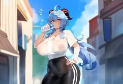 ahoge ai_generated areolae artstyle_imitation cameltoe drinking female ganyu_(genshin_impact) genshin_impact hand_on_hip henrik_n horns huge_breasts long_hair looking_at_viewer massive_breasts mommy nipples_visible_through_clothing novelai outside skin_tight solo sweat thiccwithaq_(ai_style) wet_clothes wet_shirt wide_hips