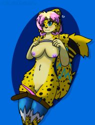 anthro bottomwear bottomwear_down breasts cheetah chromer_exe clothed clothing emilly felid feline female genitals hi_res mammal nipples pink_nipples pussy raised_clothing raised_topwear solo topwear