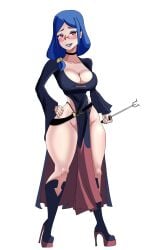 belt big_breasts big_breasts big_breasts blue_hair boots cleavage costume_change glasses inkrait lips lipstick little_witch_academia loincloth long_hair long_sleeves makeup mature_female milf modified_costume partially_clothed red_eyes sexy sexy_outfit thick_thighs thighs thong thong_aside ursula_callistis wand white_background