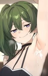 1girls after_armpit_sex ai_generated armpit_fetish armpit_sex armpits clothed clothed_female cum_on_armpits female girl green_hair looking_at_viewer sexy_armpits smile smiling smiling_at_viewer sousou_no_frieren sweaty_armpits ubel_(sousou_no_frieren)