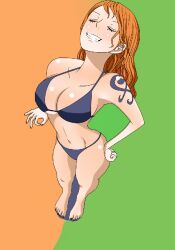 bikini black_fingernails black_toenails female female_only long_hair nami nami_(one_piece) one_piece orange_hair pirate pirate_girl post-timeskip shiny_skin showing_teeth tattoo yori8