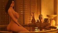 2girls 3d ass bath bathing black_hair blunderbuss breasts ciri completely_nude female green_eyes light-skinned_female looking_at_viewer multiple_girls nipples nude purple_eyes scar the_witcher_(series) the_witcher_3:_wild_hunt white_hair yennefer