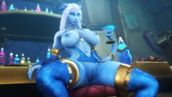 alcohol alcoholic_drink barstool blue_eyes blue_skin breasts draenei ear_piercing earrings female female_focus female_only high_resolution highres horns jewelry large_breasts long_hair looking_at_viewer martini martini_glass nipples noname55 pierced_nipples pussy pussy_juice_drip pussy_juice_trail pyrista spread_legs spreading tail tail_jewelry tail_ring thick_thighs thighhighs warcraft white_hair world_of_warcraft