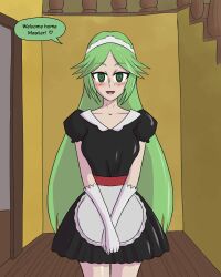 1girls apron black_dress breasts dress english_text female female_only gloves goddess green_eyes green_hair heart-shaped_pupils hypnosis kid_icarus kid_icarus_uprising long_hair looking_at_viewer maid maid_apron maid_headdress maid_uniform medium_breasts milf mind_control mythkaz nintendo palutena short_dress text text_bubble wooden_floor