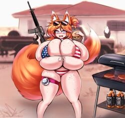 american_flag_bikini areola_slip bald_eagle bikini burger fox_ears fox_tail foxgirl gun kemonomimi mochi_(mochifoxxo) mochifoxxo orange_hair orange_tail white_tail_tip