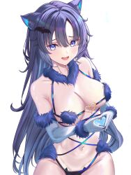 absurdres animal_ear_fluff animal_ears bikini blue_archive blue_bikini blue_eyes blue_hair cosplay cowboy_shot fate/grand_order fate_(series) female fur-trimmed_gloves fur_bikini fur_collar fur_trim gloves grey_gloves heart heart_hands highres long_hair looking_at_viewer mash_kyrielight mash_kyrielight_(dangerous_beast) mash_kyrielight_(dangerous_beast)_(cosplay) millennium_science_school_student navel no_halo o-ring o-ring_top open_mouth revealing_clothes seminar_(blue_archive) simple_background smile solo swimsuit white_background wolf_ears yuuka_(blue_archive) zea_(zeamilky)