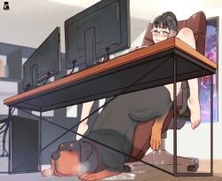 1animal 1boy 1dog 1girls canine couple glasses hetero indoors m_legs monitor mr.takealook multitasking office_hair round_glasses tagme zoophilia