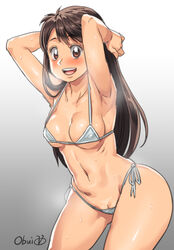 arms_up artist_name bikini blush breasts brown_eyes brown_hair female gradient_background gray_background heavy_breathing long_hair looking_at_viewer navel obui pussy_peek smile solo swimsuit thighs white_background white_bikini