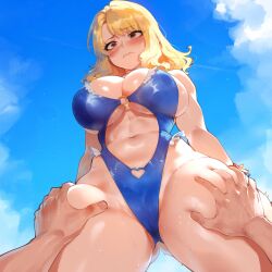 ai_generated artstyle_imitation blush embarrassed fairy_tail from_below hourglass_figure huge_breasts ldoe_art light-skinned_female looking_at_viewer lucy_heartfilia pov pov_eye_contact thiccwithaq_(ai_style) thick_thighs thigh_grab wide_hips