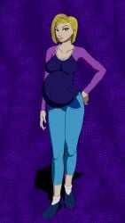 android_18 annoyed annoyed_expression belly belly_button belly_button_visible_through_clothing big big_breasts blonde_female blonde_hair blue_eyes blue_jeans blue_pants breasts cobaltscribbler dragon_ball dragon_ball_super dragon_ball_z earring jeans long_sleeves maternity_jeans pregnant pregnant_belly pregnant_female purple_shirt purple_topwear tight_clothing