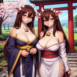 2girls ai_generated animal_ears anthro artist_name bangs bare_shoulders bell blush bovine breasts brown_hair cherry_blossoms cleavage closed_mouth collarbone cow cow_ears cow_horns day flower furry furry_female hair_between_eyes hair_flower hair_ornament horns japanese_clothes kimono large_breasts long_hair long_sleeves looking_at_viewer multiple_girls obi off_shoulder outdoors pink_flower sash smile stable_diffusion standing torii tree twitter twitter_username watermark wide_sleeves yellow_eyes yiffyjiffy69